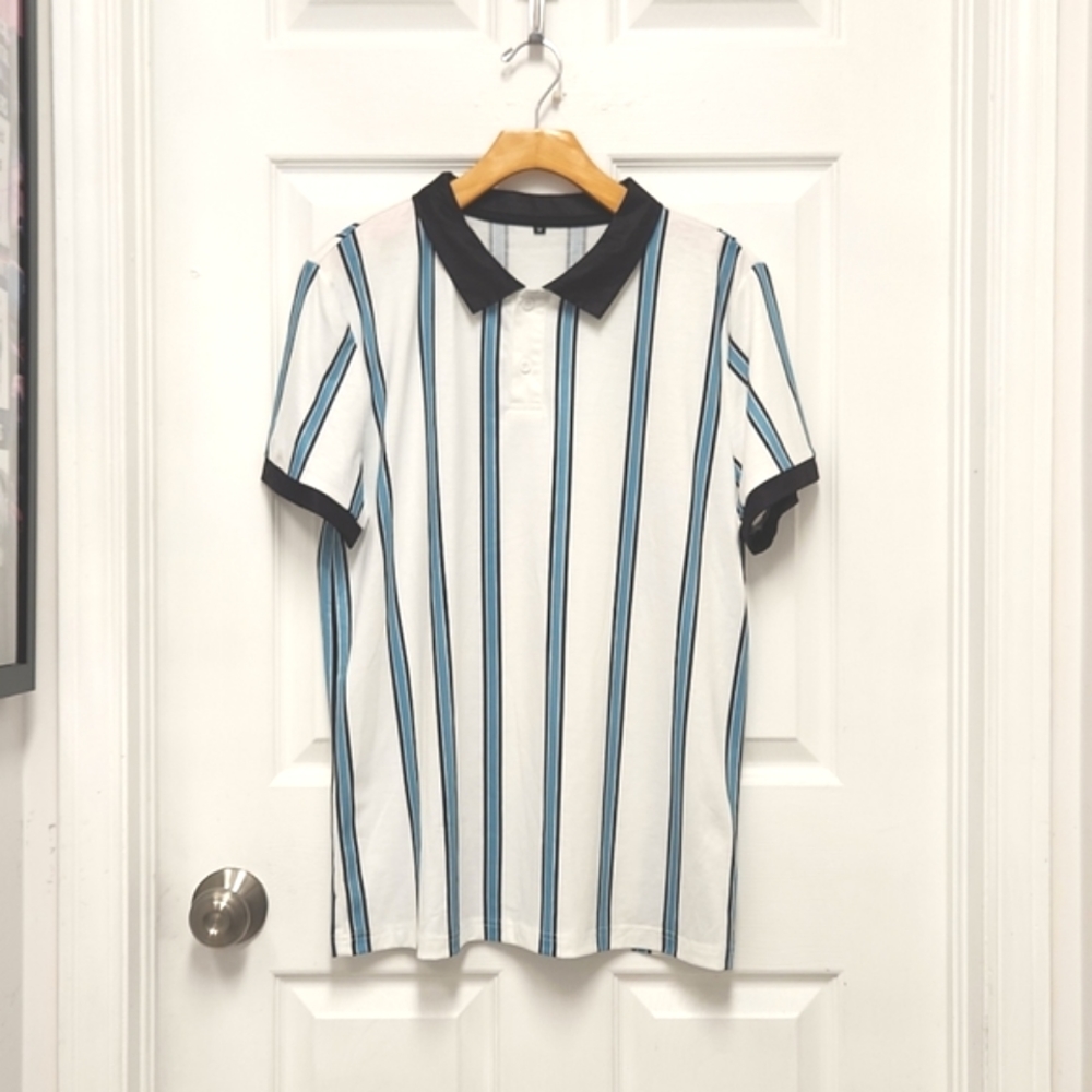 New! Men's Striped Polo Shirt Size Medium Blue White